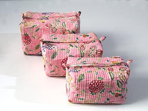 Jaipuri Cotton Bag, Set of 3 Pieces Toiletry Bag Storage, Quilted Wash Bag, Handmade Floral Print Cosmetic Organizer, Hand Block Travel bag, image 5