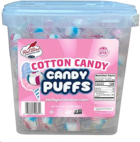 Red Bird Soft Cotton Candy Puffs 52 oz Tub, Individually Wrapped, Gluten Free, Kosher, Free from Top 8 Allergens, Made with 100% Pure Cane Sugar