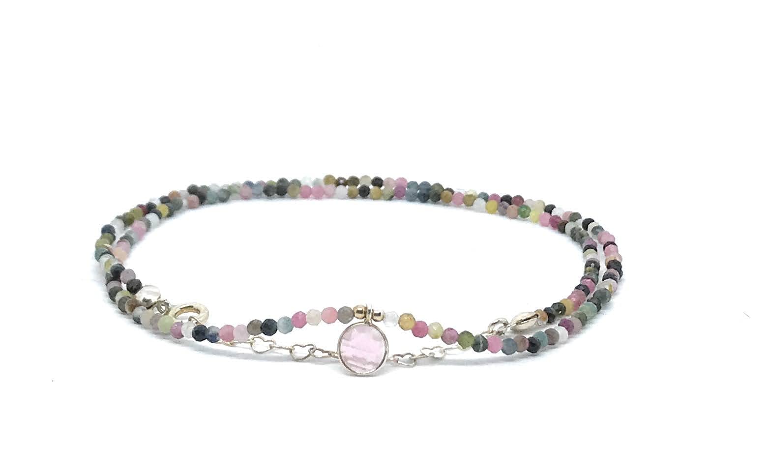 Gargantilla de turmalina sandia colgante de cuarzo rosa en plata de primera ley 925 longitud 40 cm con extensión de cadena de corazón hasta 45 cm