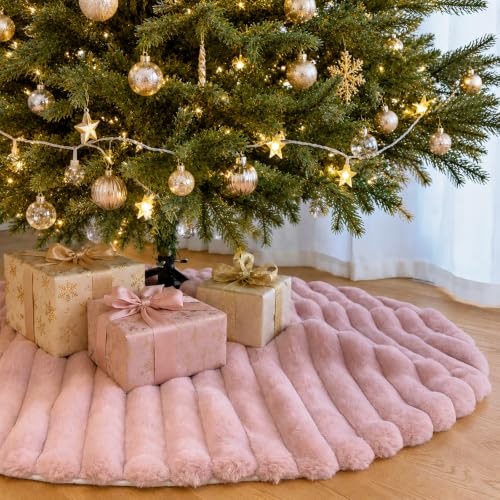 AtiMing 36" Pink Striped Faux Fur Christmas Tree Skirt - Soft Luxurious Plush Textured Xmas Tree Skirt Mat Holiday Decor for New Year Christmas Home & Party Decorations - 90cm