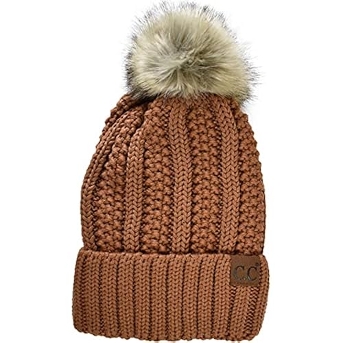C.C Thick Cable Knit Faux Fuzzy Fur Pom Fleece Lined Skull Cap Cuff Beanie