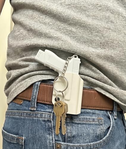 Image of Gun Keychain With Holder For Men, Mini Gun Key chain Pistol Keychain Accessory, Novelty Miniature Keyring For Car, Bike, Backpack Or Bag Charm, White Collectible EDC Gift (White)