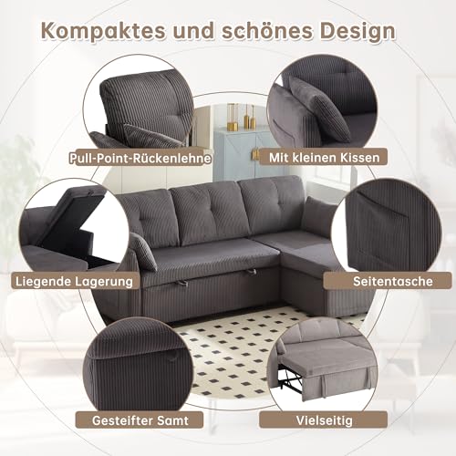 Dolamaní 3er-Sofa L Form with Storage Seats, Schlafsofa Sectional Couch mit Schlaffunktion und Bettkasten (Dunkelgrau, Samt) – Bild 8