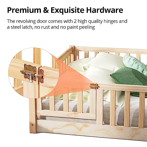 i-POOK Twin Floor Bed for Children, Sturdy Wood Montessori Bed Frame with Wood Slats, Fence & Door, Montessori Floor Bed for Girls and Boys, Natural (with Bed Slats) - Thumbnail 4