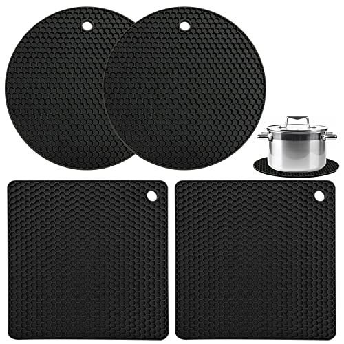 Lot de 4 Dessous de Plat en Silicone Antidérapant, Nid d'abeille Tapis en Silicone Multifonction, Séchage Dessous de Plat, Résistant à la Chaleur Jusqu'a 230°C, pour Cuisine et Salle à Manger(Noir)