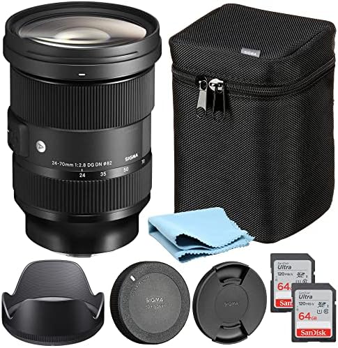 Sigma 24-70mm f2.8 Art Compatible with Sony – E Mount Lens with Travel Case, Lens Caps,2X 64GB Memory Card, Lens Hood and Strap – Mirrorless Camera E-Mount Ideal for Travel, Professional Use, BLACK