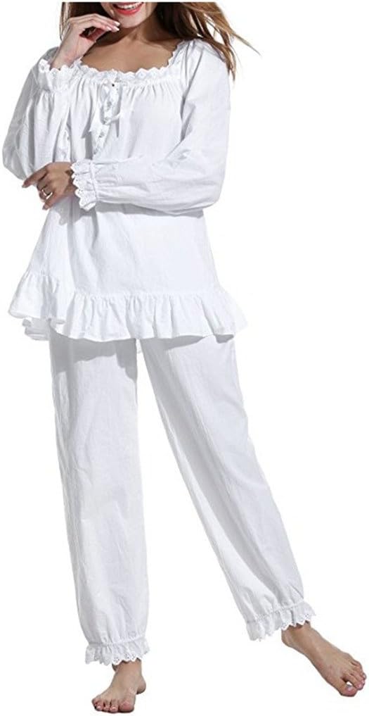 LalanderWomens 2 Pieces Victorian Vintage Nightgown Long-Sleeve Nightdress Cotton Pajamas for Lady