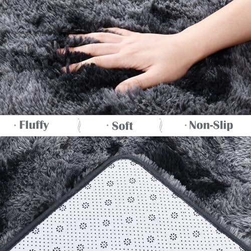 HOMORE 8'x10' Area Rugs for Living Room, Soft Fluffy Rug for Bedroom, Non Slip Shaggy Plush Carpet for Kids Nursery Toddler, Tie Dye Rugs for Room Floor Decor, Dark Gray/Black