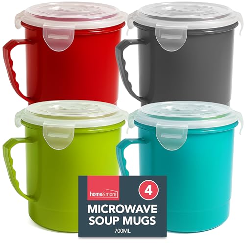 SOL 4pk Microwave Soup Containers 700ml Microwave Soup Mug with Lid Heat Resistant Reusable Food Holders Leak Resistant Portable Meal Prep Storage Suitable Home Office Work Lunch Use