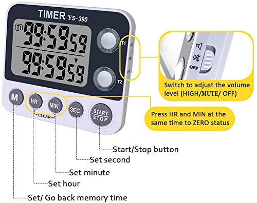 Samshow Digital Dual Kitchen Timer, Countdown Timer, Cooking Timer, Stopwatch, Large LCD Display Count Up/Down Timer, Alarm Reminding by Flashing, Magnetic Back, Stand, White, Battery Included