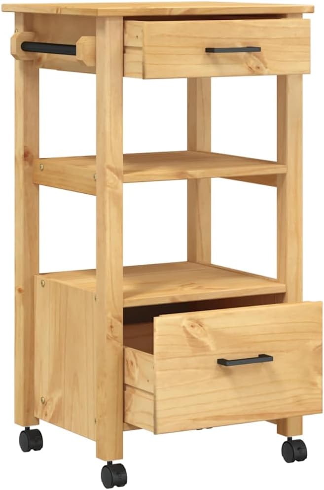Kitchen Trolley Monza Solid Pine Wood 18.9"x15.7"x34.8" Rolling Kitchen Cart with Wheels Storage Drawers and Hooks Durable Kitchen Utility Cart for Food and Dining Use