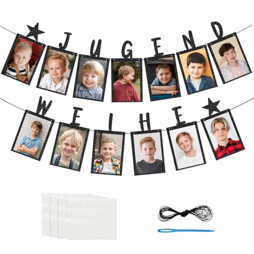 Jugendweihe Deko Fotogirlande für 6 Zoll Fotos Glitzer Schwarz Fotowand Banner Jugendweihe Geschenke Erinnerungsalbum Girlande für Junge Mädchen