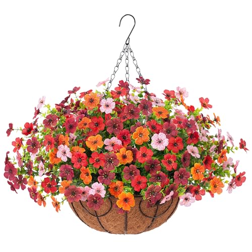 Artificial Fake Flowers Basket for Fall Outdoor Decor, Faux Mums Floral Hanging Plant for Autumn Outside Decor, Silk Daisy with Eucalyptus Leaves for Home Patio Garden