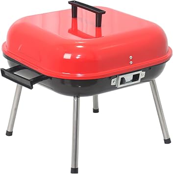 Portable Charcoal BBQ Grill, Red, Steel Construction, 14x17.13x14.76 Inch, Food Grade Baking Net, Four Legged Stand, Outdoor Cooking