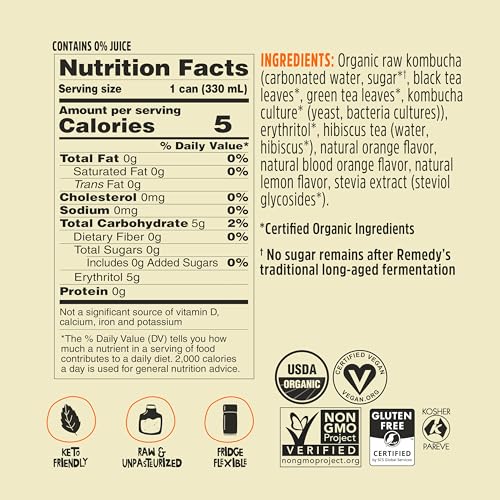 Remedy Kombucha Sugar Free Organic Drink, Low Calorie, Probiotic Like Tea for Gut Health - Orange Splash - 11.2 Fl Oz Can, 4-Pack - Thumbnail 6