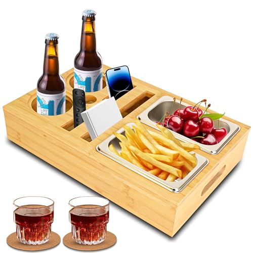 Couchbar Snackbox Grau Mit Snackschalen Aus Edelstahl Sofa Tablett Geeignet für Wohnzimmer Sofa Garten Picknickparty (Natürliche Holzfarbe)