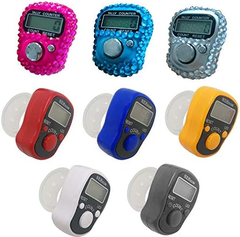 Gzingen 8pcs Finger Counter, Resettable 5 Digital LED Electronic Handheld Tally Counter Clicker Lap Counter Tracker Counter for Row, People, Golf & Knitting, Assorted Colors