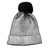 Women Girls Metallic Winter Hat Soft Warm Knitted Beanie Pom Pom Skull Cap (Silver)