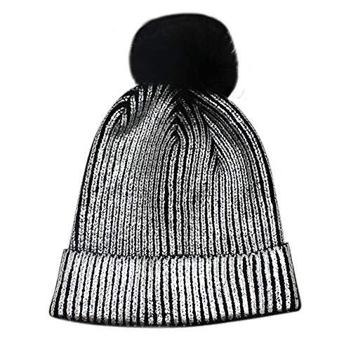 Women Girls Metallic Winter Hat Soft Warm Knitted Beanie Pom Pom Skull Cap (Silver) #TOP2