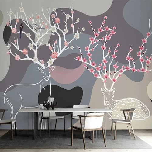 WEITAOSM Mural de pared con dibujo de líneas de gráficos geométricos abstractos modernos en 3D, alces, flores y pájaros, para sala de estar, TV, sofá, fondo