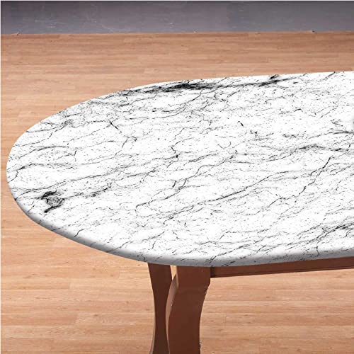 Black White Marble Texture Oval Fitted Tablecloths, Polyester Elastic Edged Table Cover, Waterproof Table Cloth Wrinkle Resistant Decor Indoor Family Banquet Use Fits Oblong 48" W X 68" L Table #TOP3