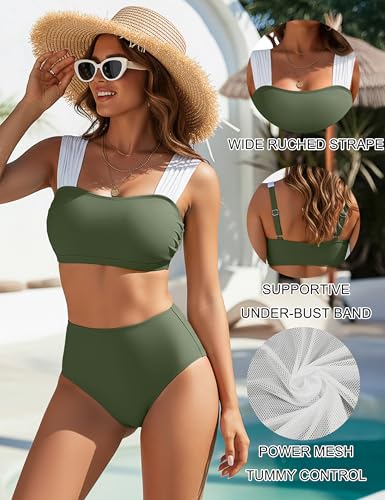 Image of Blooming Jelly Women High Waisted Bikini Sets Color Block Tummy Control Swimsuits Retro Square Neck Sporty Bathing Suit