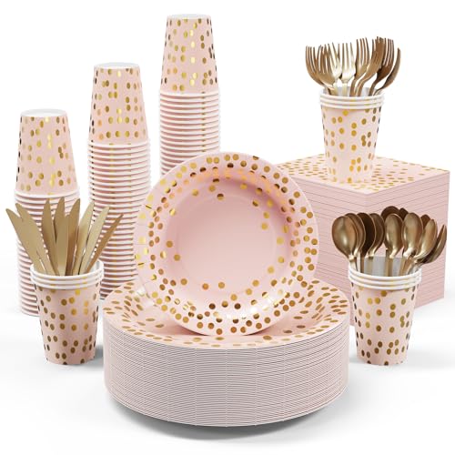 Pink and Gold Party Supplies - 350 PCS Disposable Dinnerware Set - Pink Paper Plates Napkins Cups, Gold Plastic Forks Knives Spoon for Graduation, Birthday, Cocktail Party