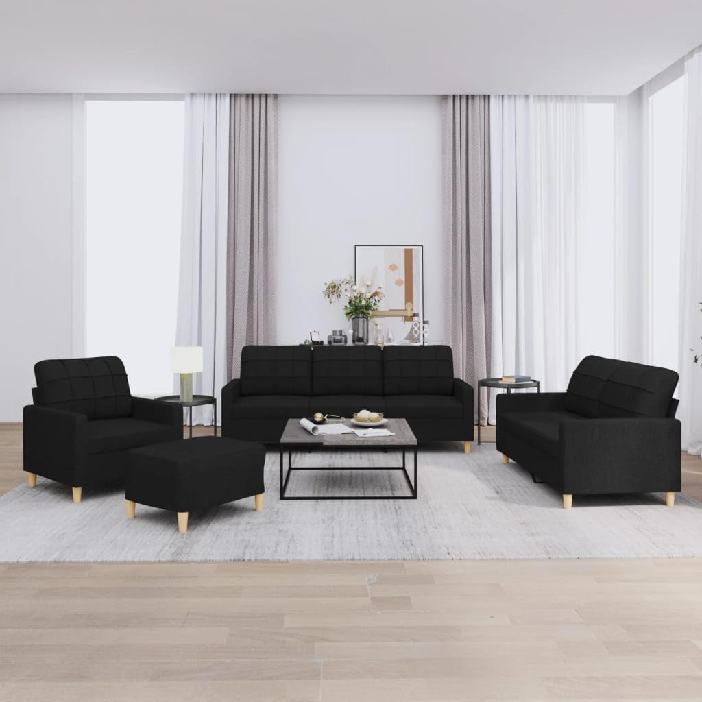 Juego de 4 muebles de sofá negro con respaldo y taburete de tela resistente, 198 cm de ancho, diseño moderno, robusto y cómodo para salas de estar pequeñas habitaciones y oficinas