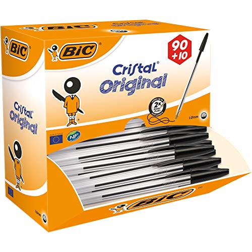 BIC Cristal Original - Caja de 100 unidades, bolígrafos punta media 1.0 mm, color negro