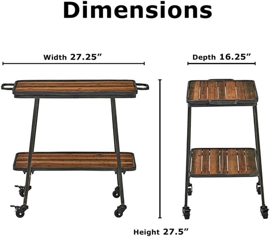 Pemberly Row Modern Contemporary 2 Tier Wooden Bar Cart, Black Metal Frame, Multi-Toned Wood Shelves, Smooth Rolling Wheels, Locking Option, Versatile Kitchen, Home Bar or Office Storage Solution