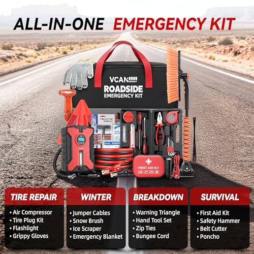 VCANENERGY Car Emergency Safety Kit with Air Compressor