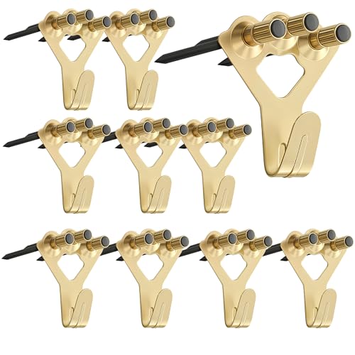 Image of Performore 10 Pack Heavy Duty Decorative Picture Hangers with Nails - Supports up to 100lbs, Gold Wall Hooks with 3 Holes & 30 Nails for Hanging Mirrors, Clocks, Frames, Art, Home Decor