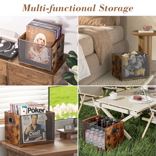 Aimeaihe Vinyl Record Storage Crate, Cube Record Holder Storage 70+ Records, Metal & Wooden Vinyl Storage Record Display Organizer with Handles, Rustic Brown - Thumbnail 5