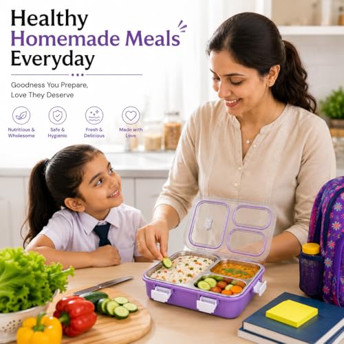 Image of 950ML Stainless Steel Bento Lunch Box |3 Compartments, Leakproof Tiffin Box with Spoon & Fork for School | Office & Travel (Lavender Purple)