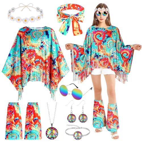 AOOWU Hippie Damen 9pcs Kostüm, 60er-70er Jahre Kleidung, Karneval Disco Accessoires, Cosplay Mottoparty Halloween