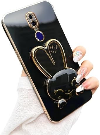 Silicone Case Compatible with Oppo F11 Cover, with Rabbit Folding Holder Luxury Electroplated Soft Anti-Drop for Women Men Protective Shell for Oppo F11 Cover Black