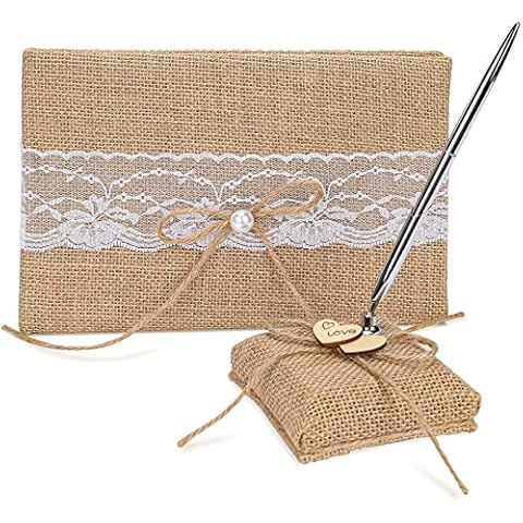 ZREAL Vintage Burlap Wedding Guest Book Pen and Pen Holder with Lace Flowers for Birthday Party Reception Wedding Decoration Cover