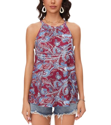 Image of Women Halter Tank Top with Built in Bra Flowy Sleevless Padded Camisole Loose Fit Summer Shirt Top S-3XL