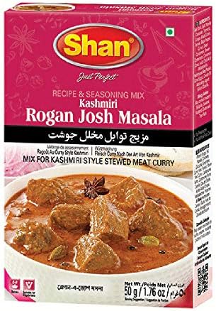 Shan Kashmiri Rogan Josh Recipe and Seasoning Mix 1.76 oz (50g) - Spice Powder for Kashmiri Style Stewed Meat Curry - Suitable for Vegetarians - Airtight Bag in a Box