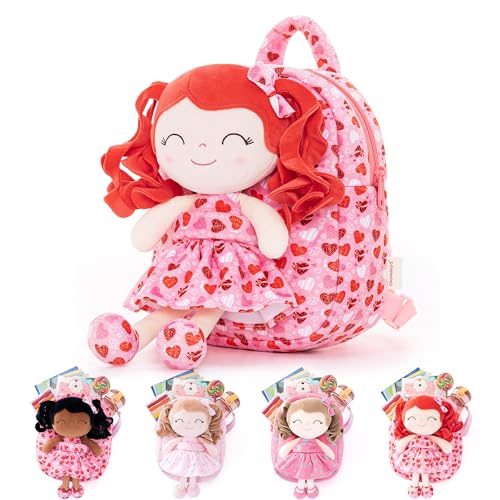 Image of Gloveleya Kids Backpack Toddler Girl Gift Plush Curly Hair Doll Backpack Plush Doll with Heart Printed - Heart Pink 9''