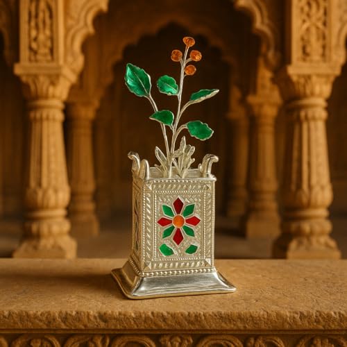 Image of 925 Sterling Silver Tulsi Basil Plant with Pot | Handcrafted Pooja Article for Home Temple | Auspicious Spiritual Decor | Prosperity Symbol | Gift for Diwali, Festivals, Housewarming