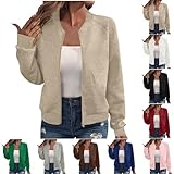 Ladies Autumn Jacket, Bomber Jacket Women UK Oversized Textured Lightweight Zip Up Jackets Casual Stand Collar Full Zipper Coats Ladies Autumn Baseball Outerwear Top Khaki