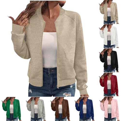 Womens Bomber Jacket, Bomber Jacket Women UK Oversized Textured Lightweight Zip Up Jackets Casual Stand Collar Full Zipper Coats Ladies Autumn Baseball Outerwear Top Khaki