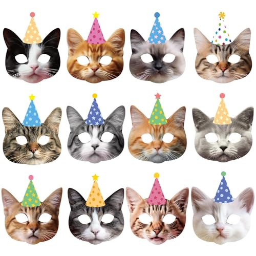 12 Pieces Cat Birthday Party Decoration Masks Cat Favors Kitten P...