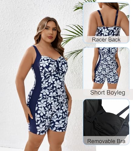 Halcurt Women's Plus Size Boyleg One Piece Swimsuit with Shorts Ruched Tummy Control Modest Bathing Suit3
