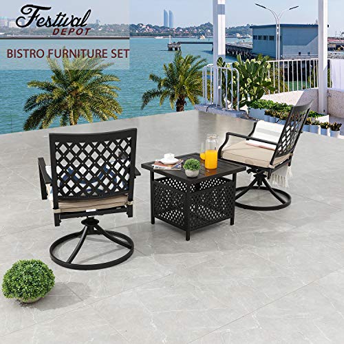 Festival Depot 3 Pc Bistro Outdoor Patio Dining Chair Furniture Set 360° Swivel Rocker Armrest Chairs With Comfort Cushion And Square Metal Steel Frame Coffee Table For Deck Garden Pool Beige #TOP4