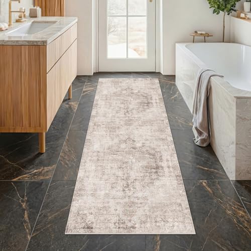 Hazo Haus 2x6 Washable Bathroom Runner Rug, Non Slip Low Pile Runner with Rubber Backing for Hallway, Kitchen and Entryway, Beige Tan Modern Farmhouse Home Decor 2' x 6' (Runner) Beige / Bro
