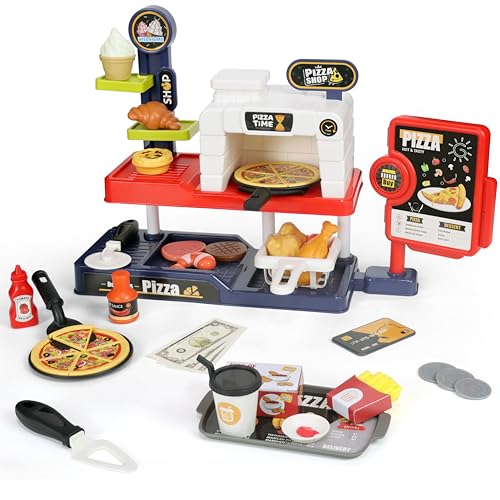 KiddoKraft Kids Pizza Play Set – Pretend Pizza Kitchen Toy with Cutting Food, Grill, Fryer, Cash Register & Accessories – Slice & Serve Play Food for Toddlers Ages 3+