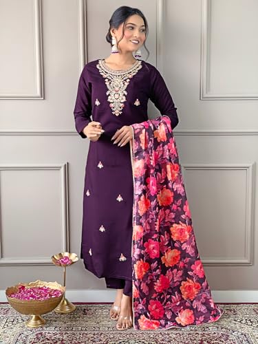 Image of Naixa Women's Rayon Embroidered and Printed Straight Kurta with Pant and Dupatta Sets (Available in Plus Size) (NX3-513)