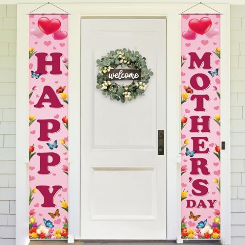 Arosche Mothers Day Banner 2 Pack Happy Mothers Day Decorations Door Sign Hanging Banners Flowers Tulip Love Welcome Porch Sign Seasonal Holiday Party Supplies for Indoor Outdoor Door, Porch Decor